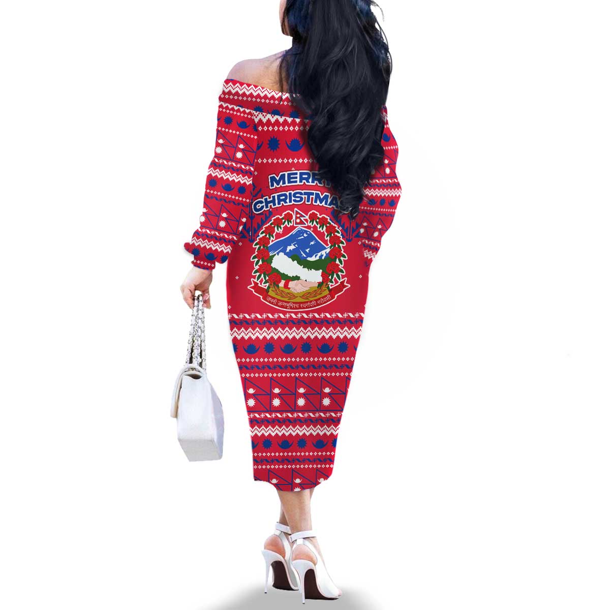 Nepal Christmas Family Matching Off The Shoulder Long Sleeve Dress and Hawaiian Shirt with Red-Blue Design, National Emblem, and Snowflake Motif - Wonder Print Shop