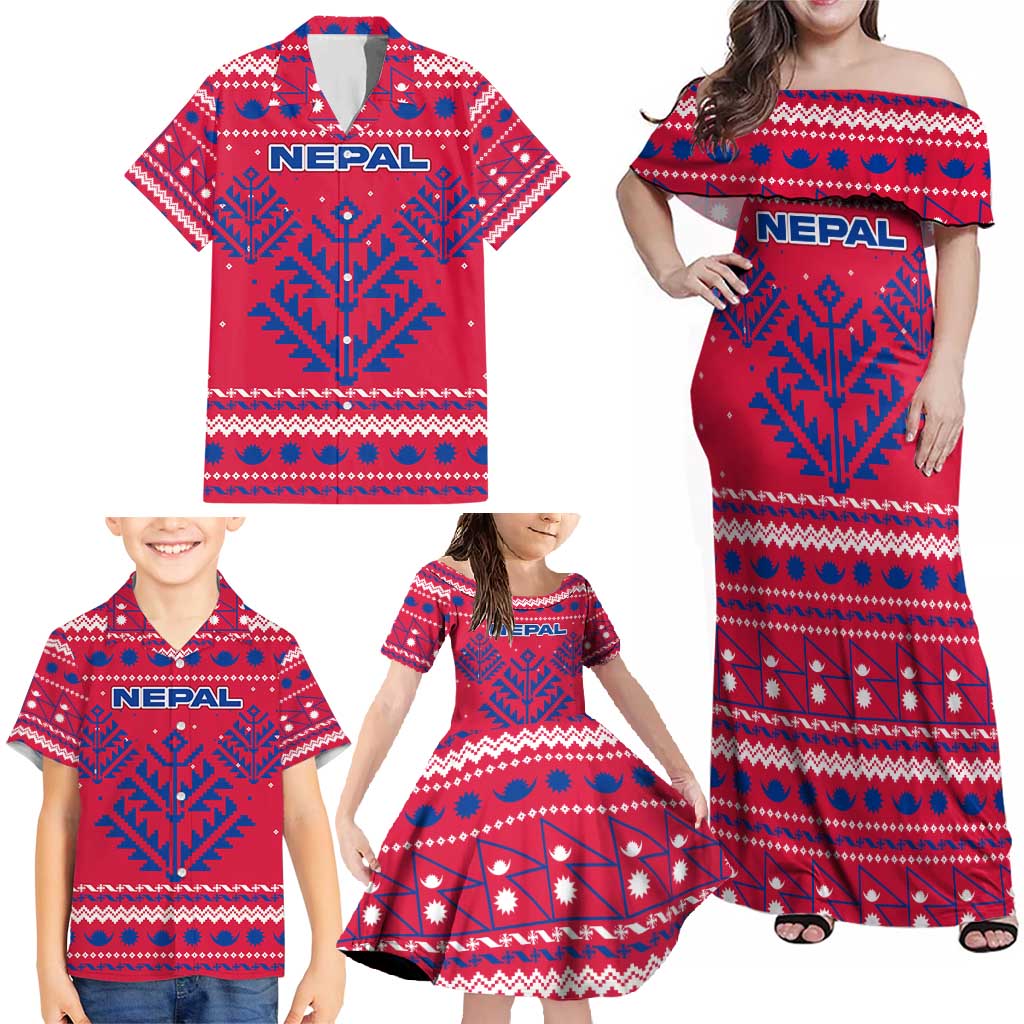 Nepal Christmas Family Matching Off Shoulder Maxi Dress and Hawaiian Shirt with Red-Blue Design, National Emblem, and Snowflake Motif - Wonder Print Shop