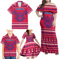 Nepal Christmas Family Matching Off Shoulder Maxi Dress and Hawaiian Shirt with Red-Blue Design, National Emblem, and Snowflake Motif - Wonder Print Shop