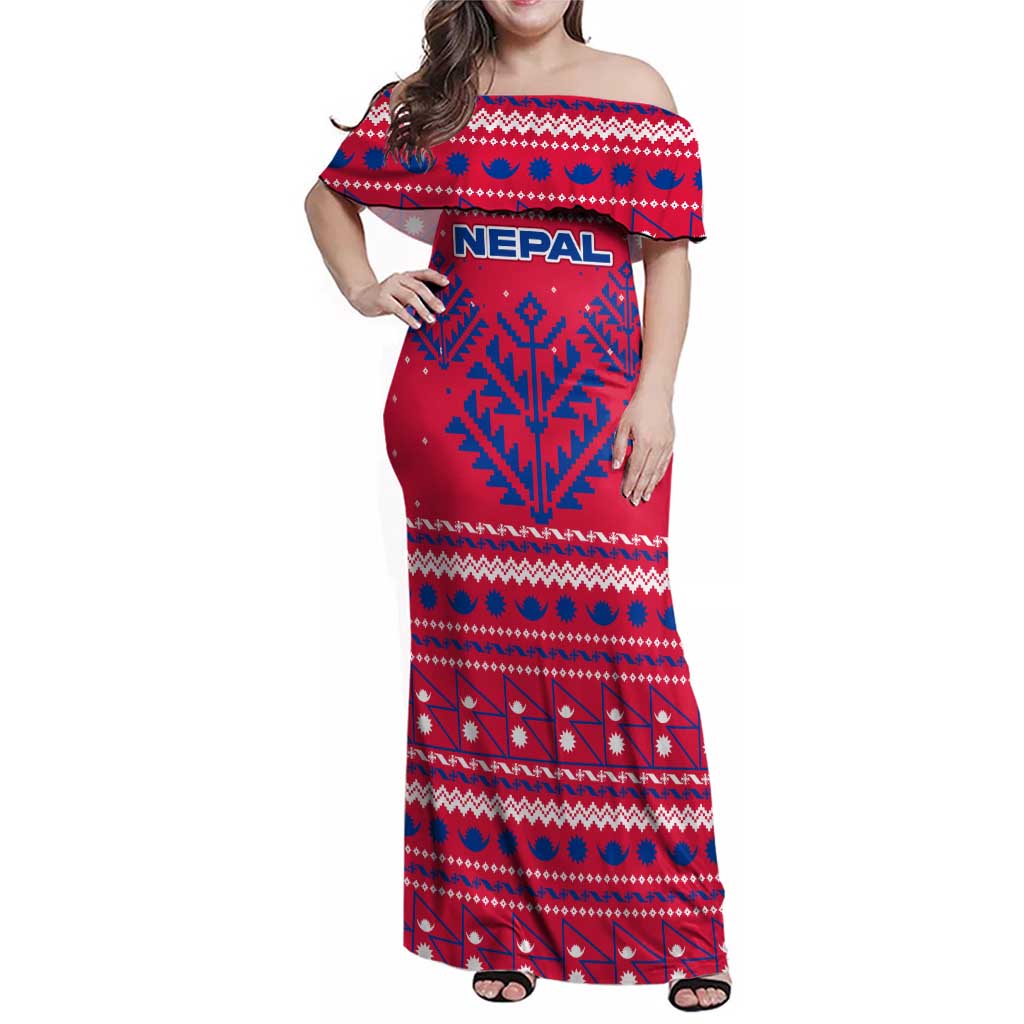 Nepal Christmas Family Matching Off Shoulder Maxi Dress and Hawaiian Shirt with Red-Blue Design, National Emblem, and Snowflake Motif - Wonder Print Shop