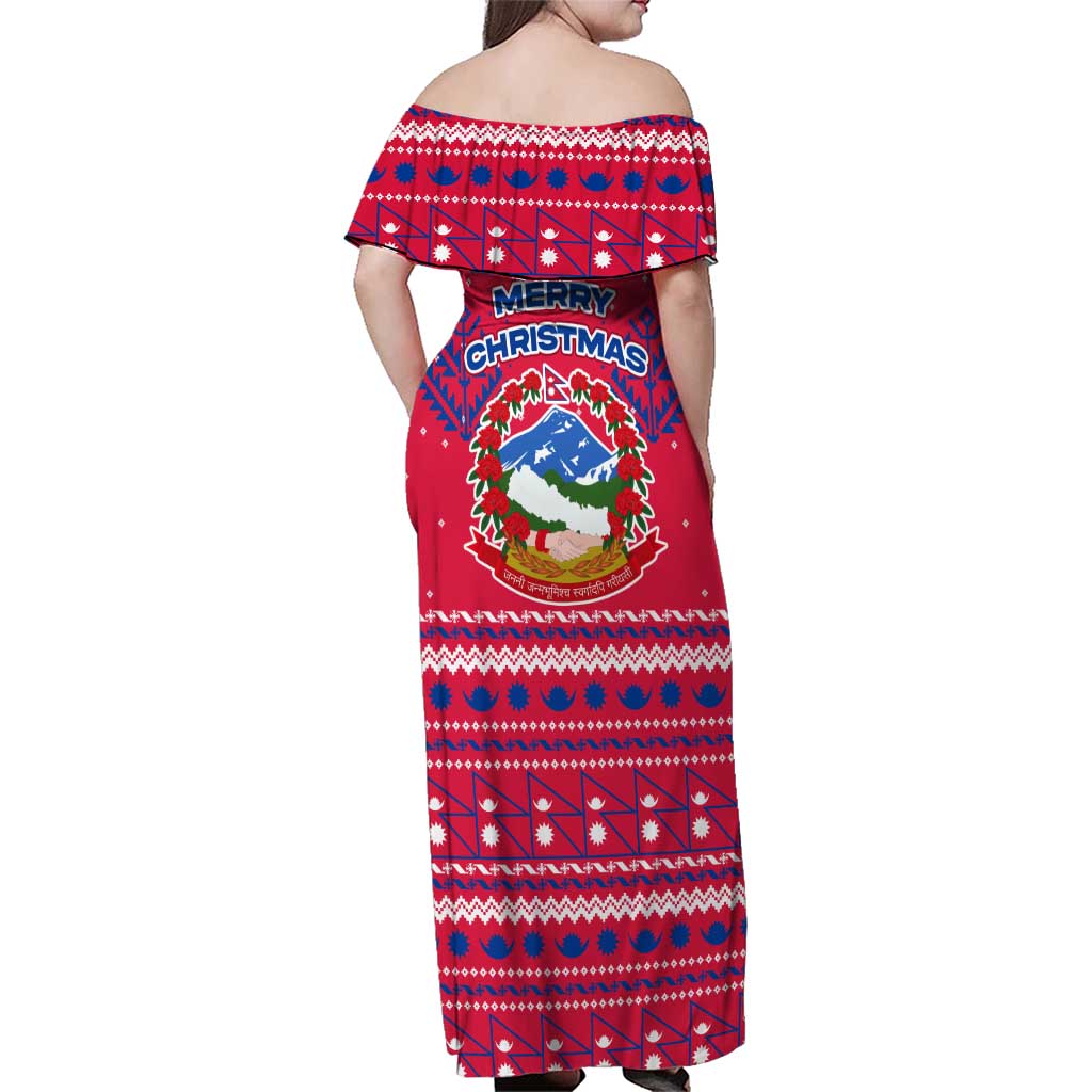 Nepal Christmas Family Matching Off Shoulder Maxi Dress and Hawaiian Shirt with Red-Blue Design, National Emblem, and Snowflake Motif - Wonder Print Shop