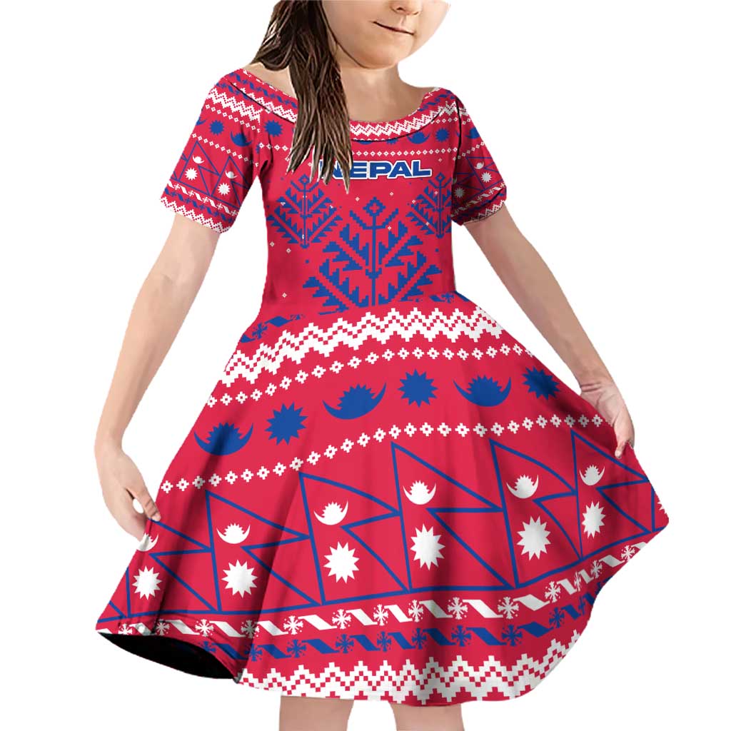 Nepal Christmas Family Matching Off Shoulder Short Dress and Hawaiian Shirt with Red-Blue Design, National Emblem, and Snowflake Motif - Wonder Print Shop