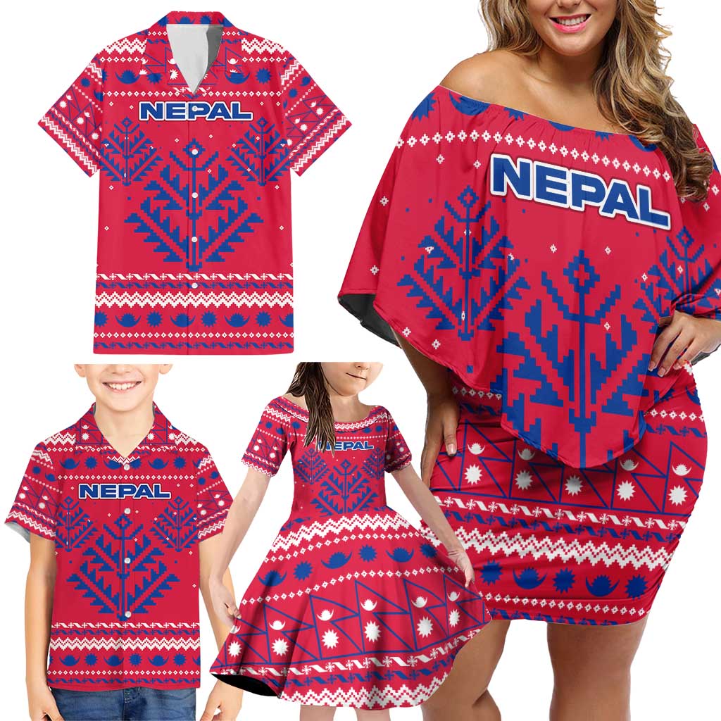 Nepal Christmas Family Matching Off Shoulder Short Dress and Hawaiian Shirt with Red-Blue Design, National Emblem, and Snowflake Motif - Wonder Print Shop