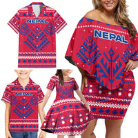 Nepal Christmas Family Matching Off Shoulder Short Dress and Hawaiian Shirt with Red-Blue Design, National Emblem, and Snowflake Motif - Wonder Print Shop