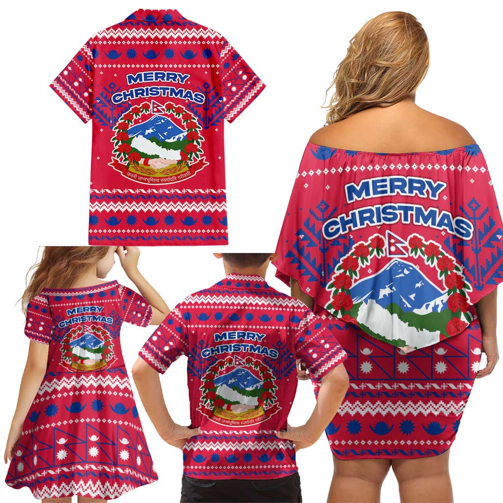 Nepal Christmas Family Matching Off Shoulder Short Dress and Hawaiian Shirt with Red-Blue Design, National Emblem, and Snowflake Motif - Wonder Print Shop