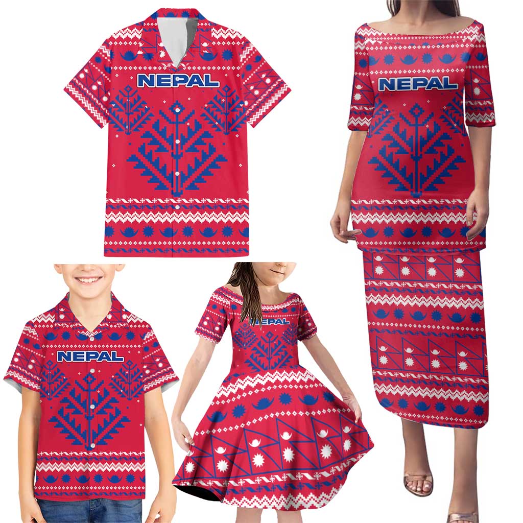 Nepal Christmas Family Matching Puletasi and Hawaiian Shirt with Red-Blue Design, National Emblem, and Snowflake Motif - Wonder Print Shop