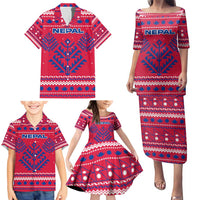 Nepal Christmas Family Matching Puletasi and Hawaiian Shirt with Red-Blue Design, National Emblem, and Snowflake Motif - Wonder Print Shop