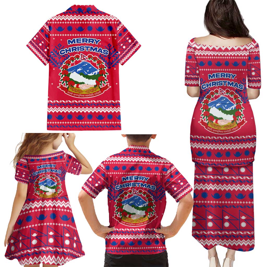 Nepal Christmas Family Matching Puletasi and Hawaiian Shirt with Red-Blue Design, National Emblem, and Snowflake Motif - Wonder Print Shop