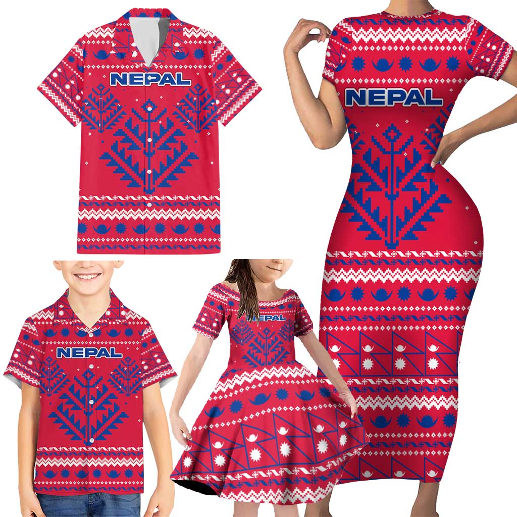 Nepal Christmas Family Matching Short Sleeve Bodycon Dress and Hawaiian Shirt with Red-Blue Design, National Emblem, and Snowflake Motif - Wonder Print Shop