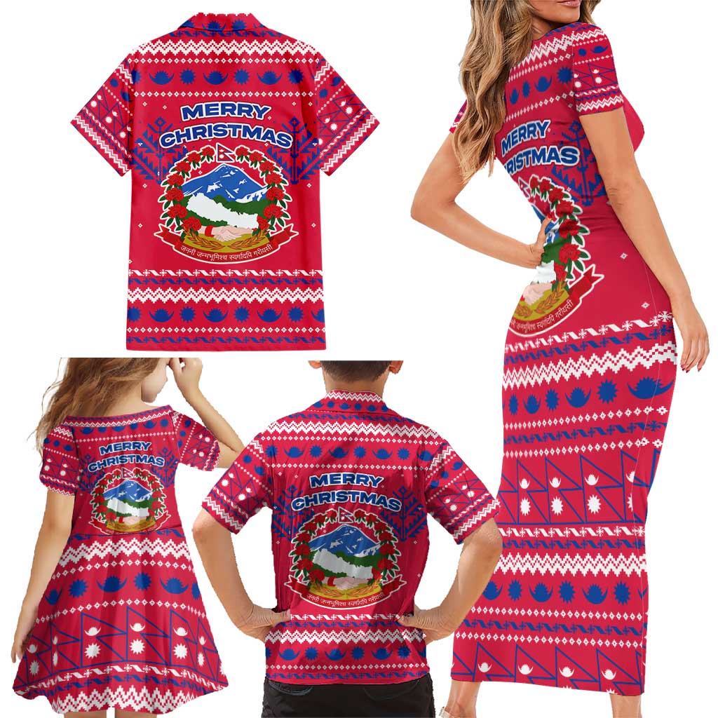 Nepal Christmas Family Matching Short Sleeve Bodycon Dress and Hawaiian Shirt with Red-Blue Design, National Emblem, and Snowflake Motif - Wonder Print Shop