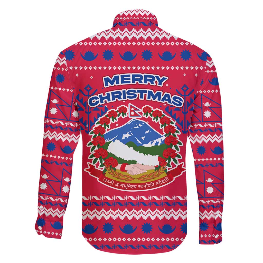 Nepal Christmas Family Matching Short Sleeve Bodycon Dress and Hawaiian Shirt with Red-Blue Design, National Emblem, and Snowflake Motif - Wonder Print Shop