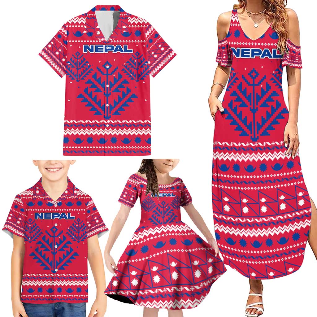 Nepal Christmas Family Matching Summer Maxi Dress and Hawaiian Shirt with Red-Blue Design, National Emblem, and Snowflake Motif - Wonder Print Shop