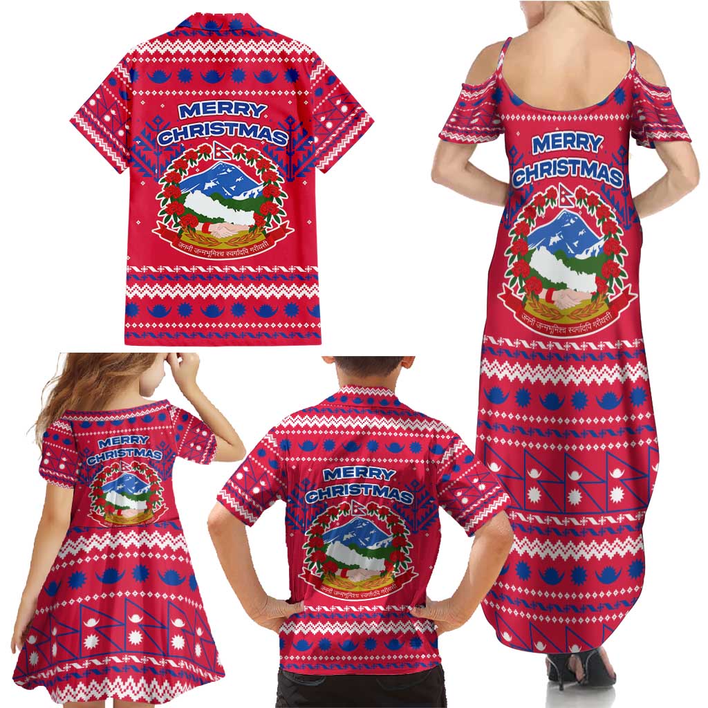 Nepal Christmas Family Matching Summer Maxi Dress and Hawaiian Shirt with Red-Blue Design, National Emblem, and Snowflake Motif - Wonder Print Shop