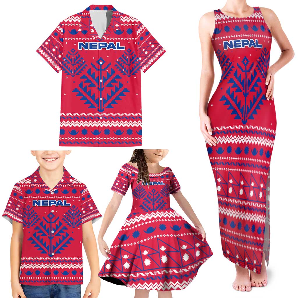 Nepal Christmas Family Matching Tank Maxi Dress and Hawaiian Shirt with Red-Blue Design, National Emblem, and Snowflake Motif - Wonder Print Shop
