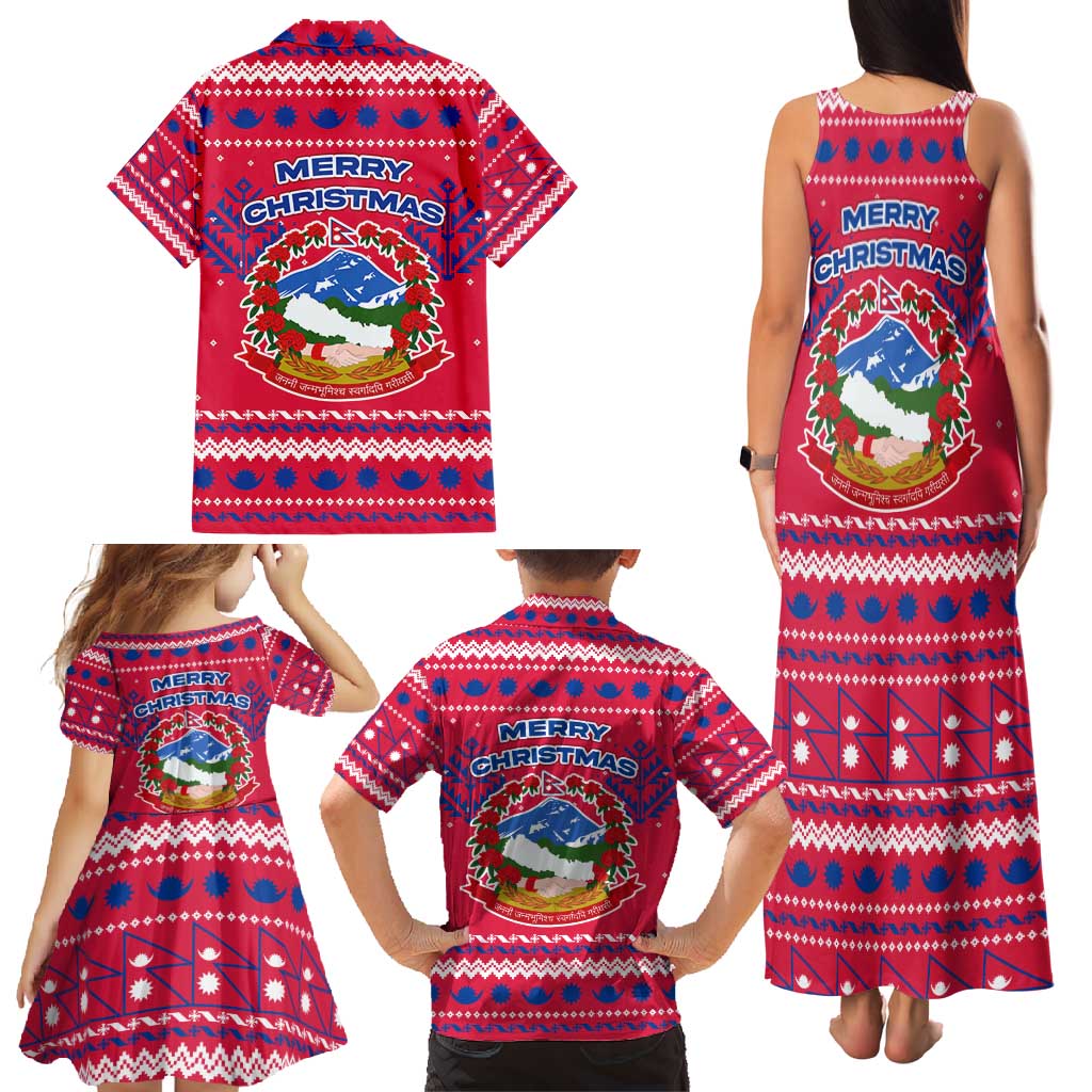 Nepal Christmas Family Matching Tank Maxi Dress and Hawaiian Shirt with Red-Blue Design, National Emblem, and Snowflake Motif - Wonder Print Shop
