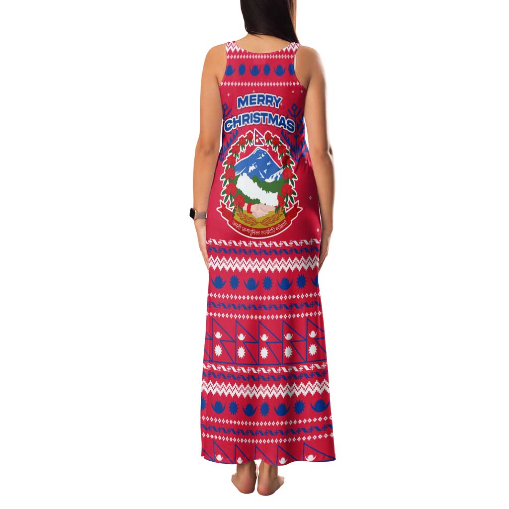 Nepal Christmas Family Matching Tank Maxi Dress and Hawaiian Shirt with Red-Blue Design, National Emblem, and Snowflake Motif - Wonder Print Shop