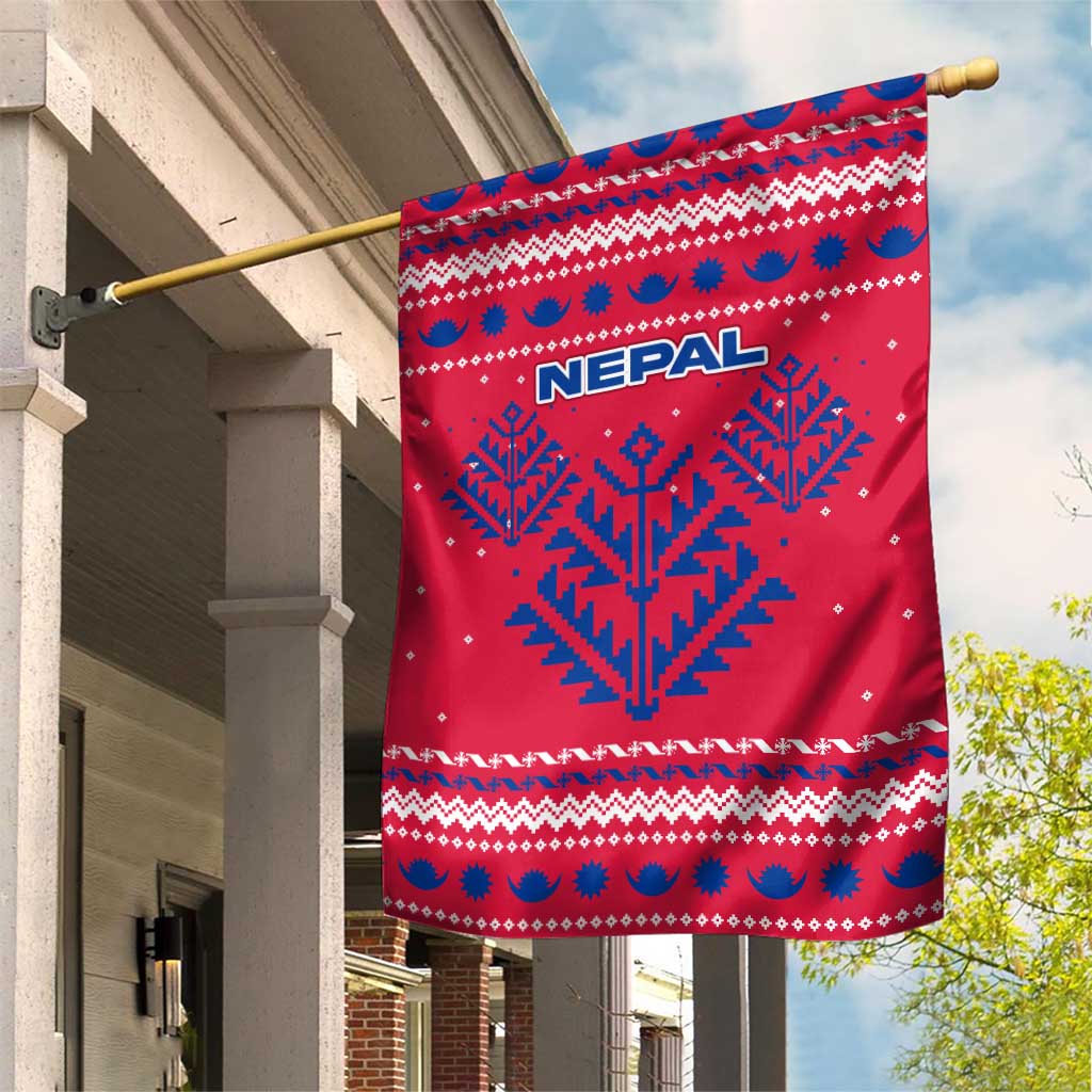 Nepal Christmas Garden Flag with Red-Blue Design, National Emblem, and Snowflake Motif - Wonder Print Shop