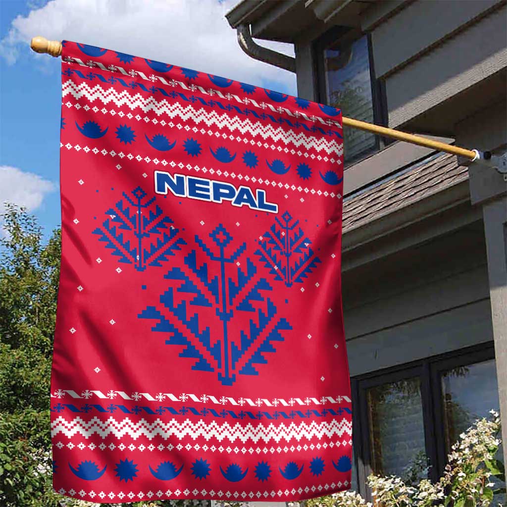 Nepal Christmas Garden Flag with Red-Blue Design, National Emblem, and Snowflake Motif - Wonder Print Shop