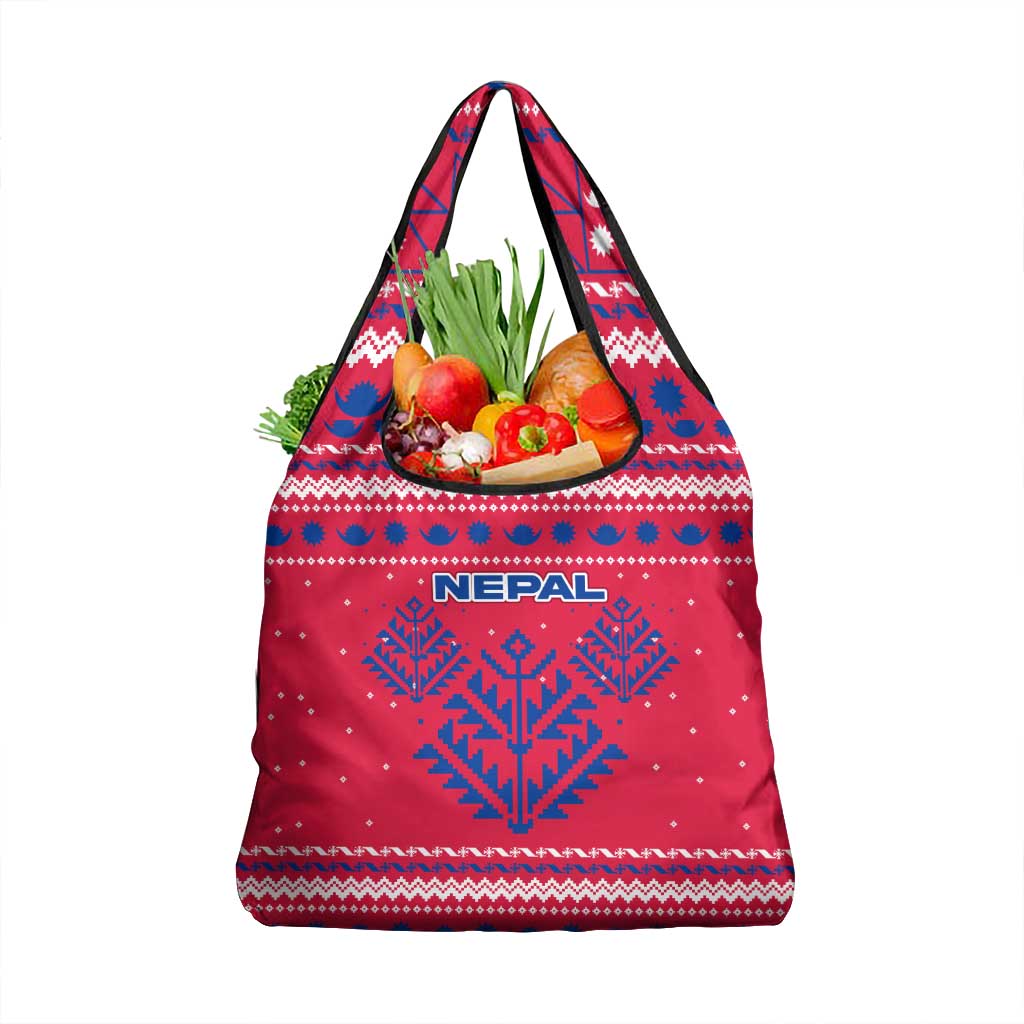 Nepal Christmas Grocery Bag with Red-Blue Design, National Emblem, and Snowflake Motif - Wonder Print Shop