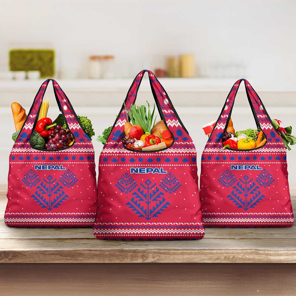 Nepal Christmas Grocery Bag with Red-Blue Design, National Emblem, and Snowflake Motif - Wonder Print Shop