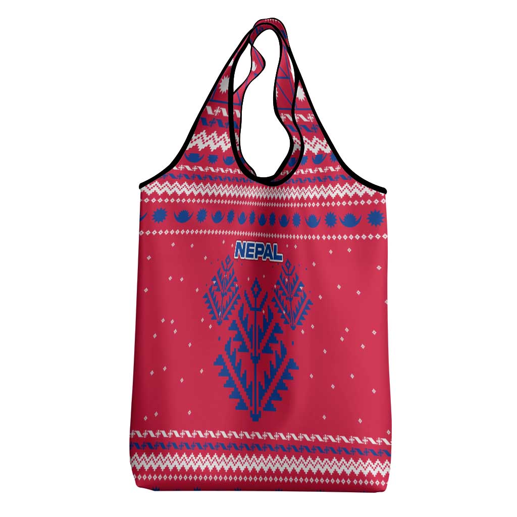 Nepal Christmas Grocery Bag with Red-Blue Design, National Emblem, and Snowflake Motif - Wonder Print Shop