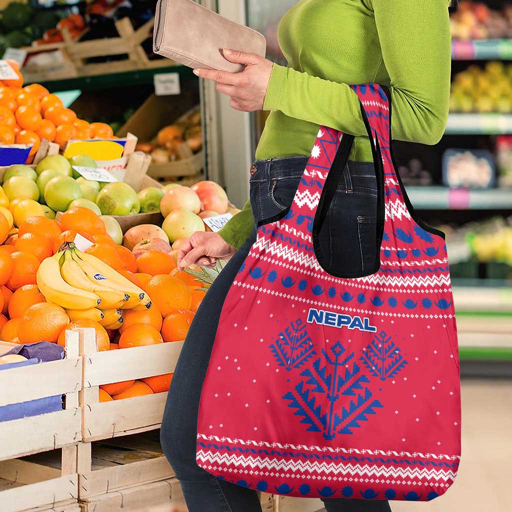 Nepal Christmas Grocery Bag with Red-Blue Design, National Emblem, and Snowflake Motif - Wonder Print Shop