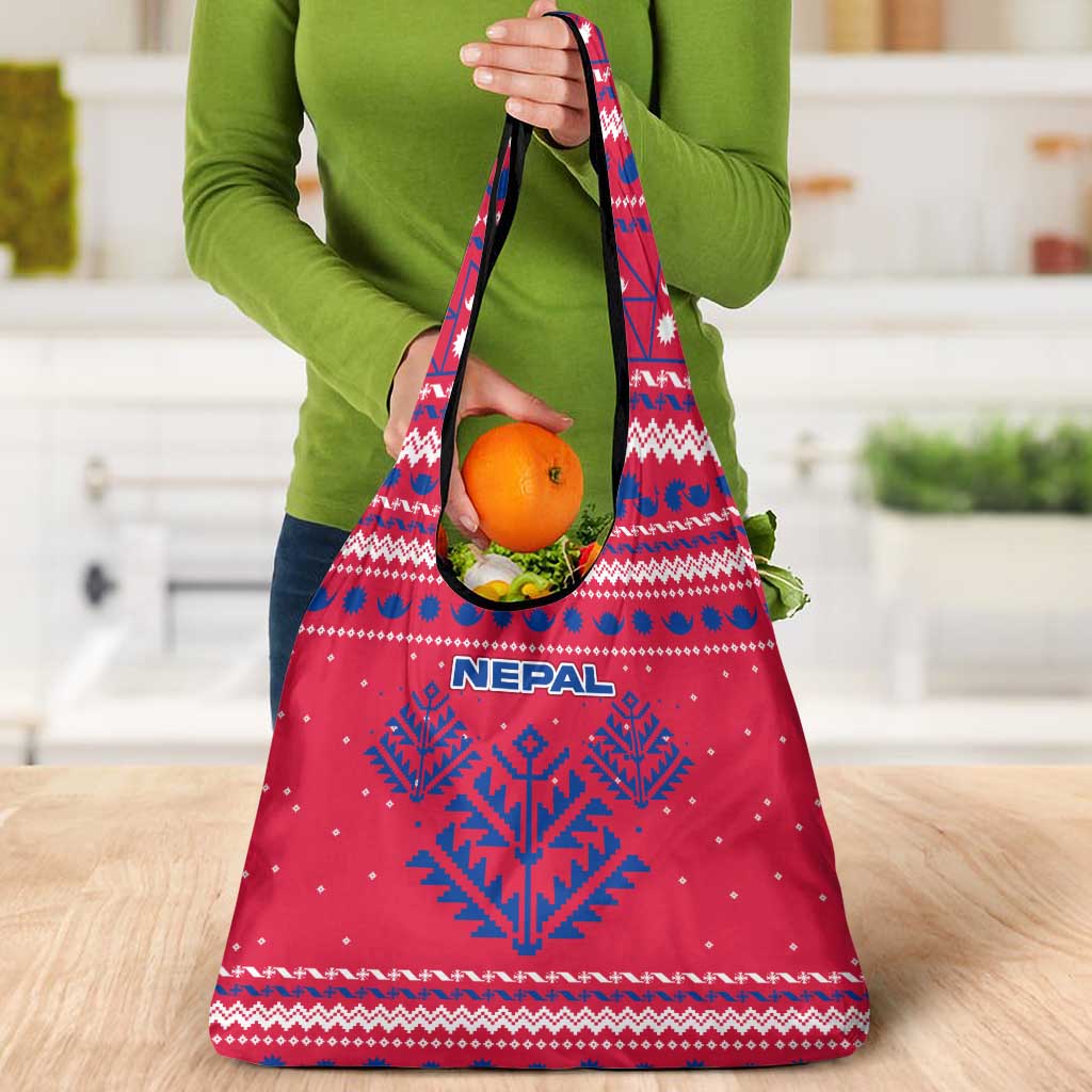 Nepal Christmas Grocery Bag with Red-Blue Design, National Emblem, and Snowflake Motif - Wonder Print Shop