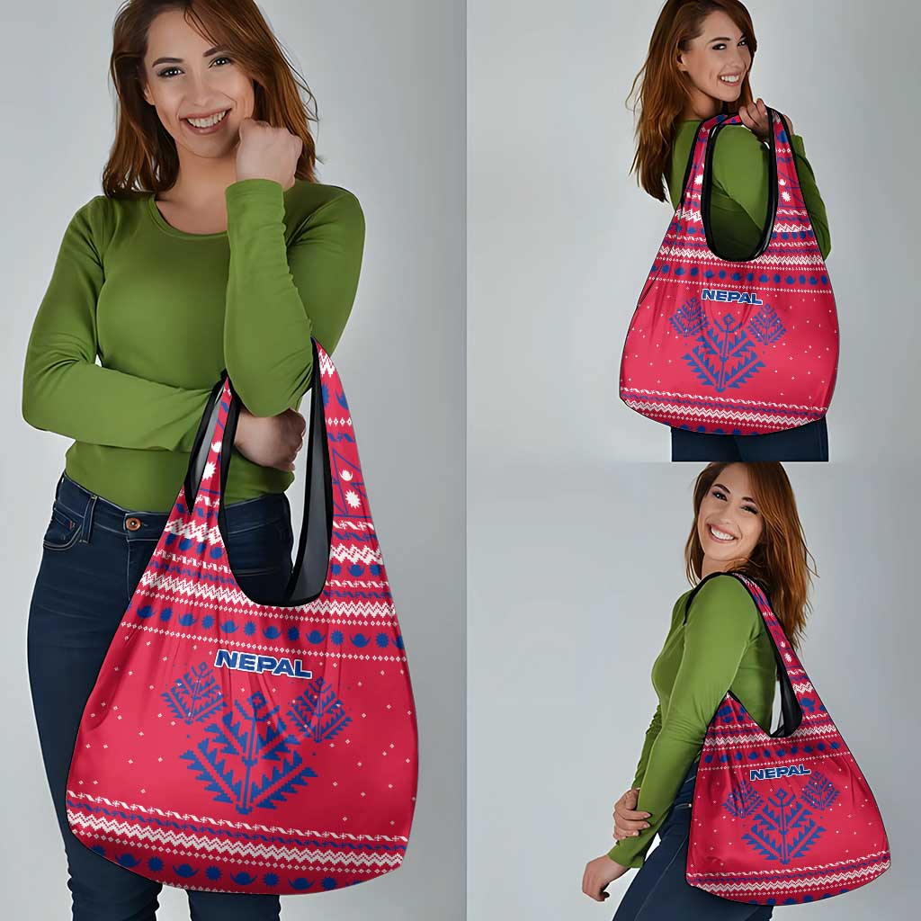 Nepal Christmas Grocery Bag with Red-Blue Design, National Emblem, and Snowflake Motif - Wonder Print Shop