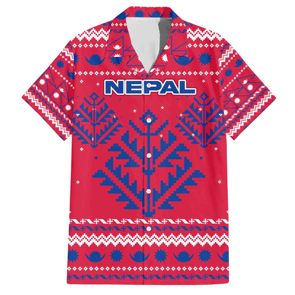 Nepal Christmas Hawaiian Shirt with Red-Blue Design, National Emblem, and Snowflake Motif - Wonder Print Shop