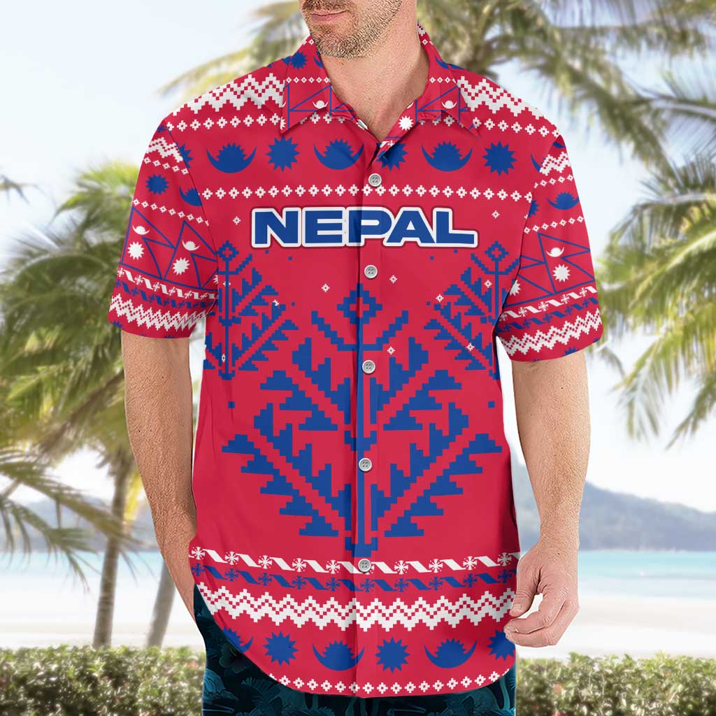 Nepal Christmas Hawaiian Shirt with Red-Blue Design, National Emblem, and Snowflake Motif - Wonder Print Shop