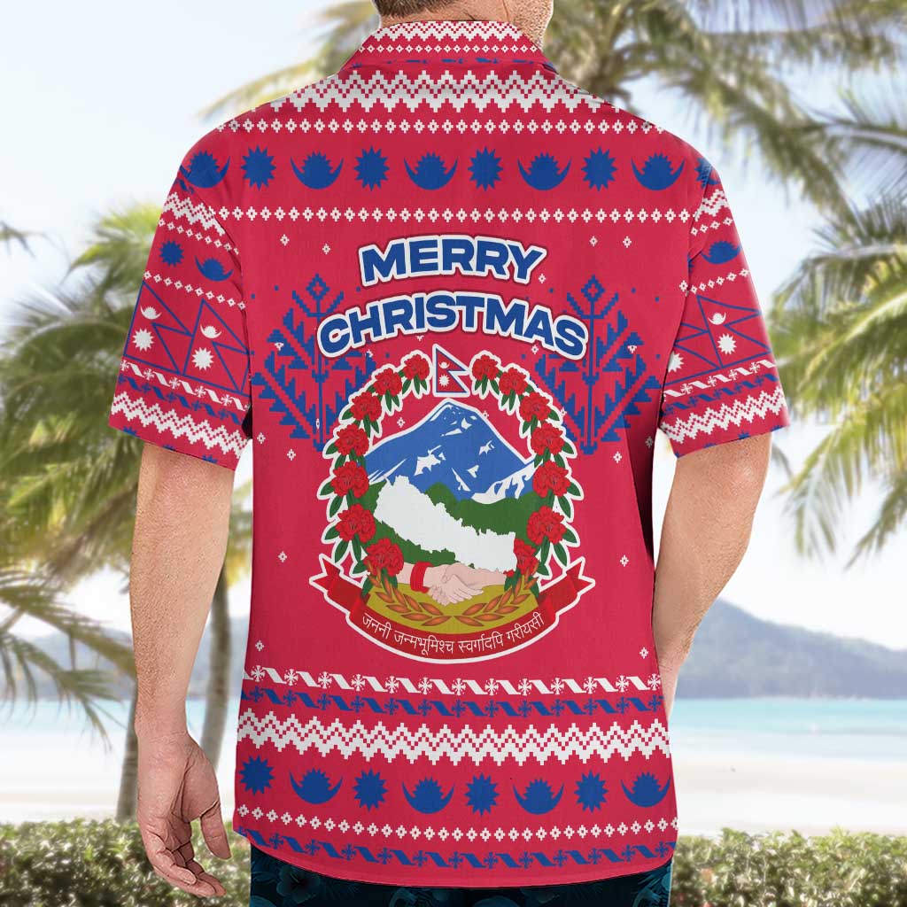 Nepal Christmas Hawaiian Shirt with Red-Blue Design, National Emblem, and Snowflake Motif - Wonder Print Shop