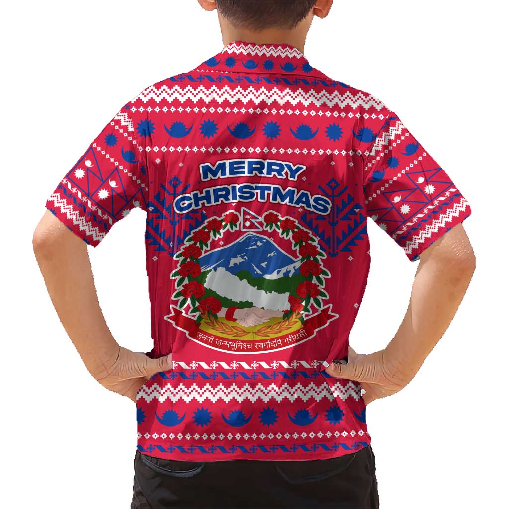 Nepal Christmas Hawaiian Shirt with Red-Blue Design, National Emblem, and Snowflake Motif - Wonder Print Shop