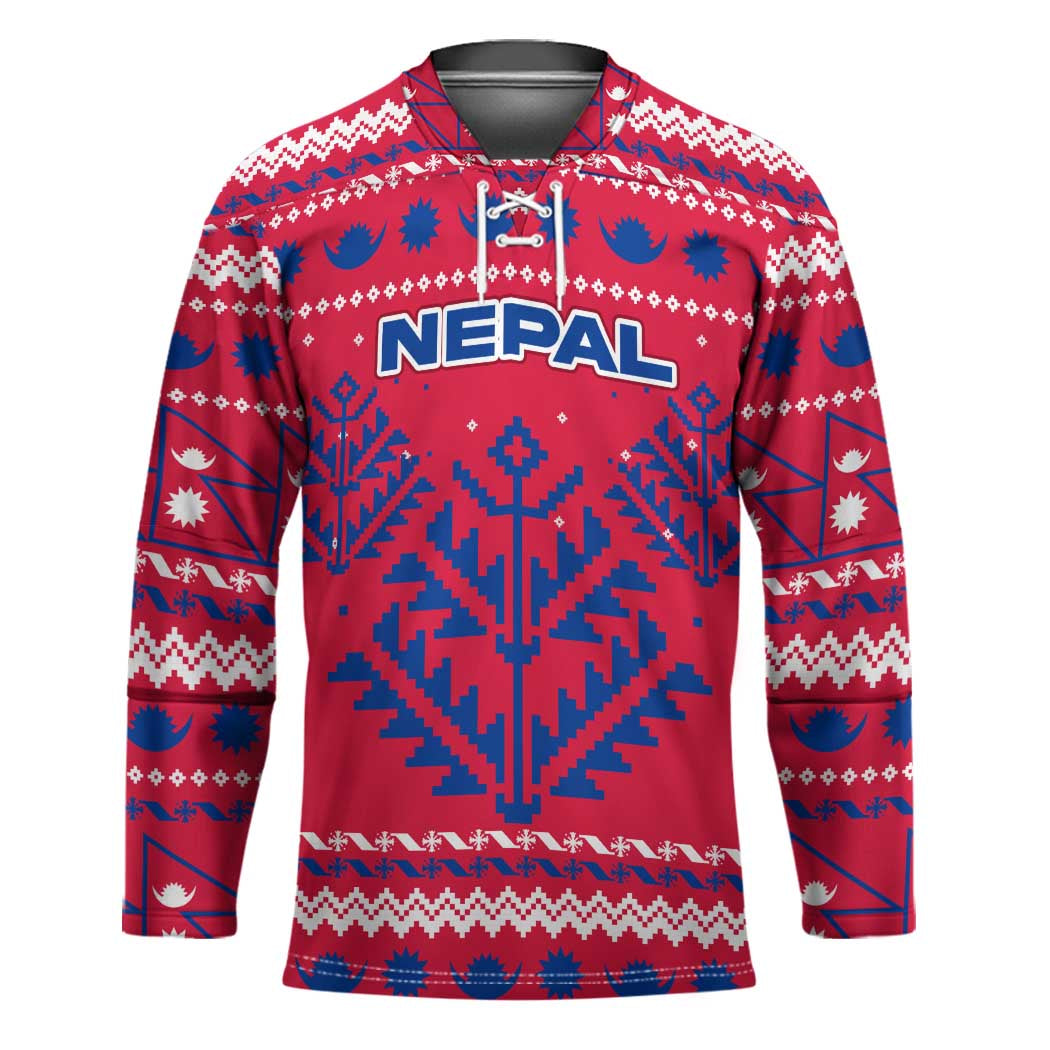 Nepal Christmas Hockey Jersey with Red-Blue Design, National Emblem, and Snowflake Motif - Wonder Print Shop