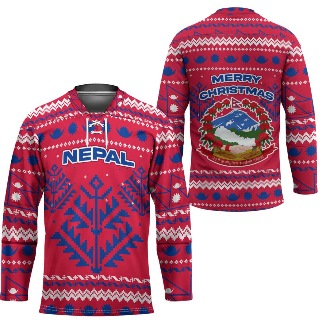 Nepal Christmas Hockey Jersey with Red-Blue Design, National Emblem, and Snowflake Motif - Wonder Print Shop