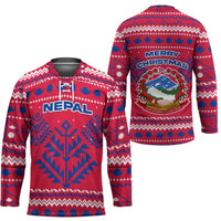 Nepal Christmas Hockey Jersey with Red-Blue Design, National Emblem, and Snowflake Motif - Wonder Print Shop