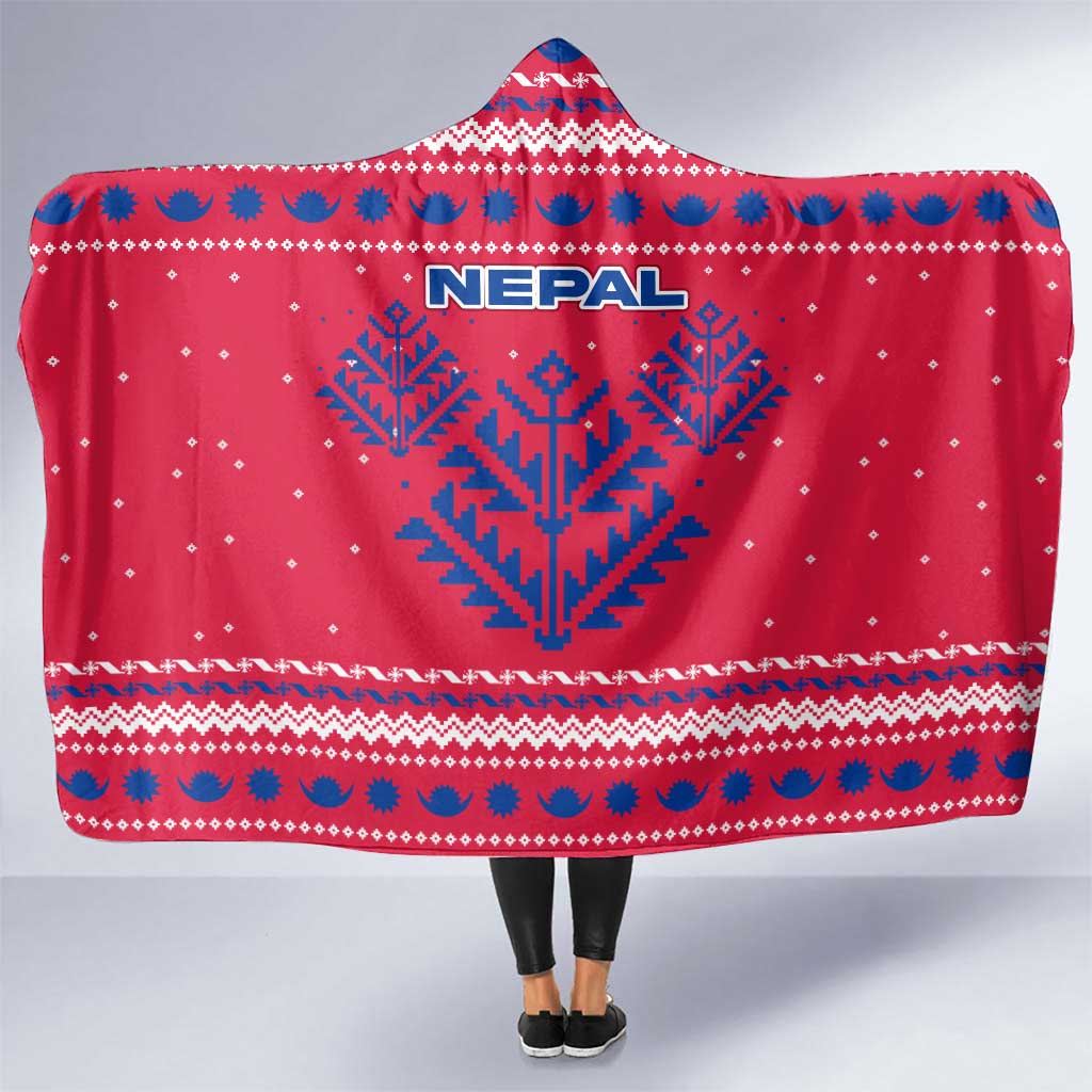 Nepal Christmas Hooded Blanket with Red-Blue Design, National Emblem, and Snowflake Motif - Wonder Print Shop