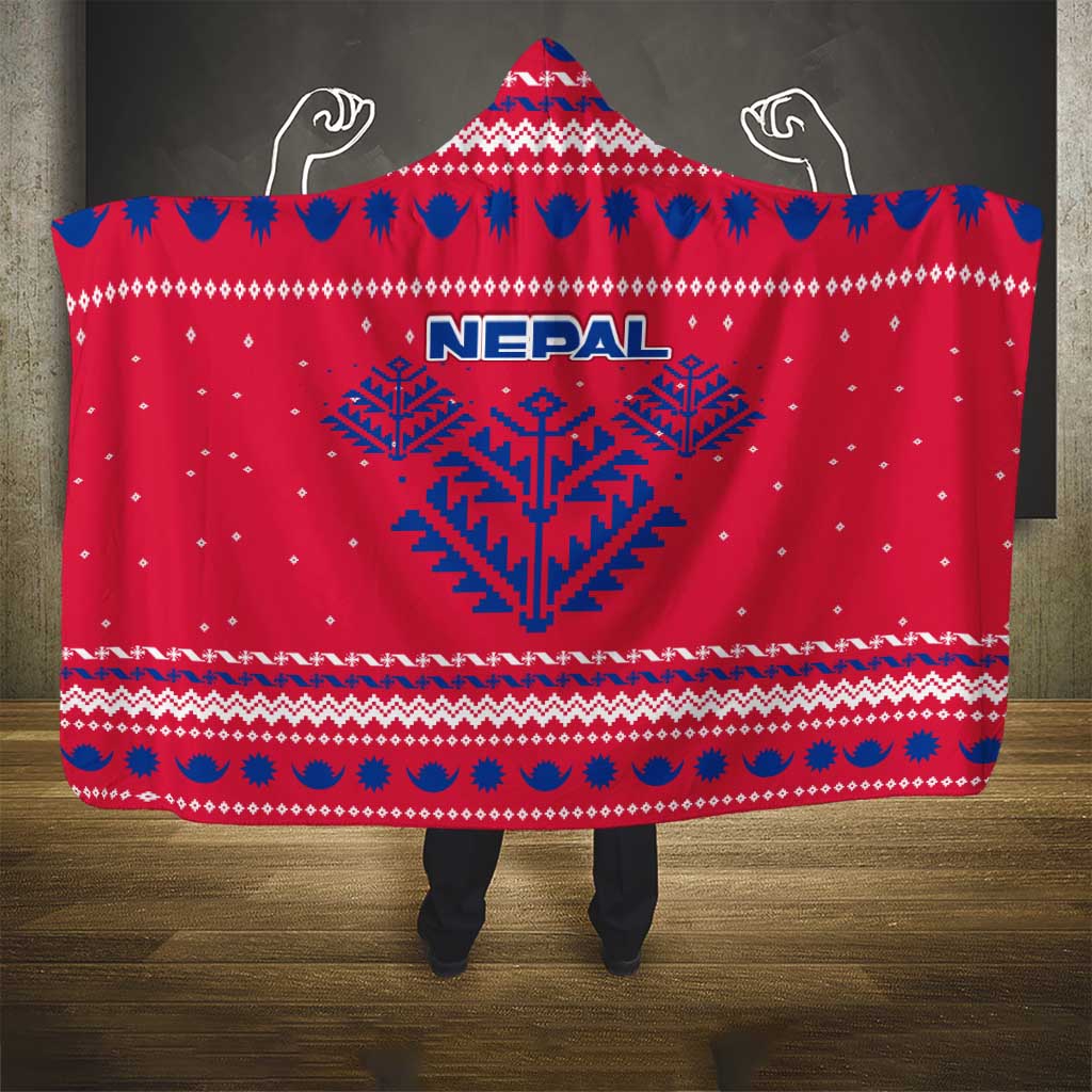 Nepal Christmas Hooded Blanket with Red-Blue Design, National Emblem, and Snowflake Motif - Wonder Print Shop