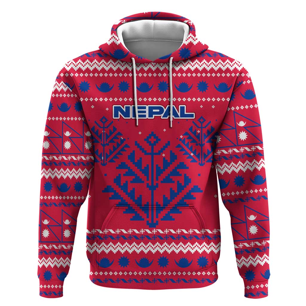 Nepal Christmas Hoodie with Red-Blue Design, National Emblem, and Snowflake Motif - Wonder Print Shop