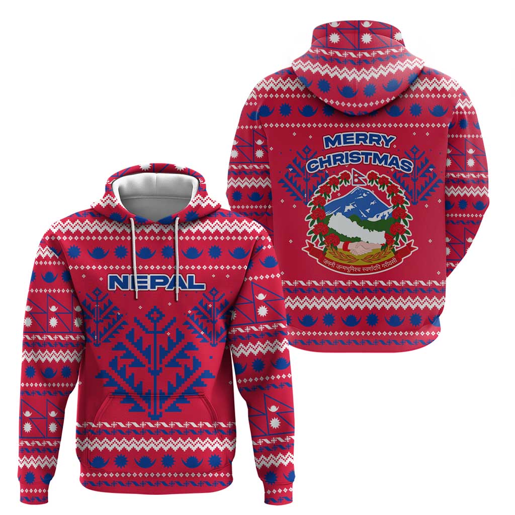 Nepal Christmas Hoodie with Red-Blue Design, National Emblem, and Snowflake Motif - Wonder Print Shop