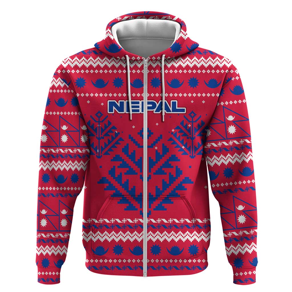 Nepal Christmas Hoodie with Red-Blue Design, National Emblem, and Snowflake Motif - Wonder Print Shop