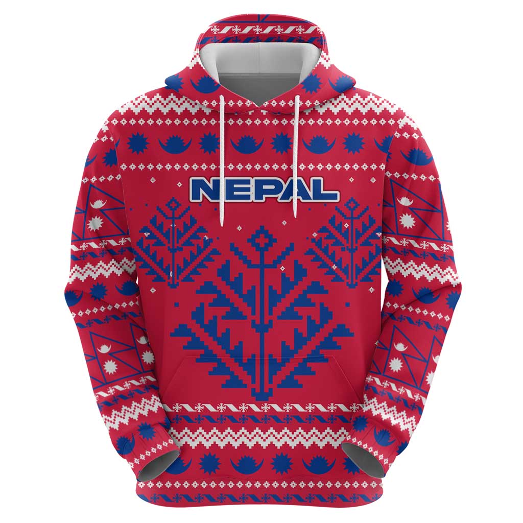 Nepal Christmas Hoodie with Red-Blue Design, National Emblem, and Snowflake Motif - Wonder Print Shop