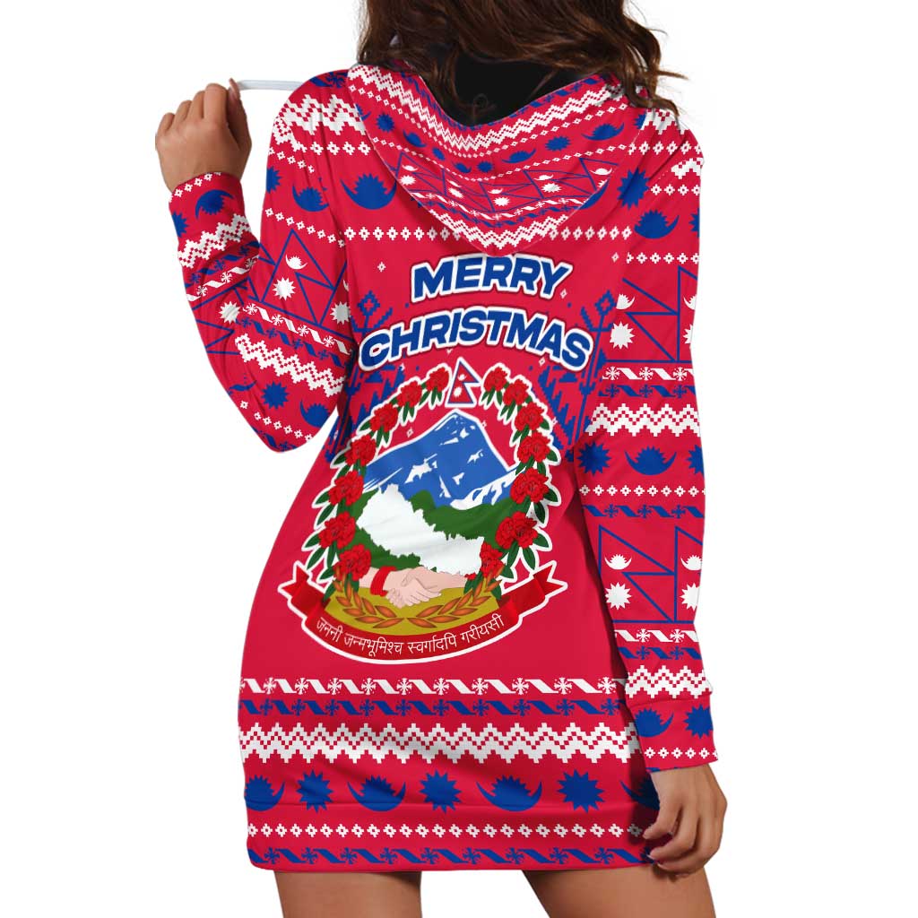 Nepal Christmas Hoodie Dress with Red-Blue Design, National Emblem, and Snowflake Motif - Wonder Print Shop