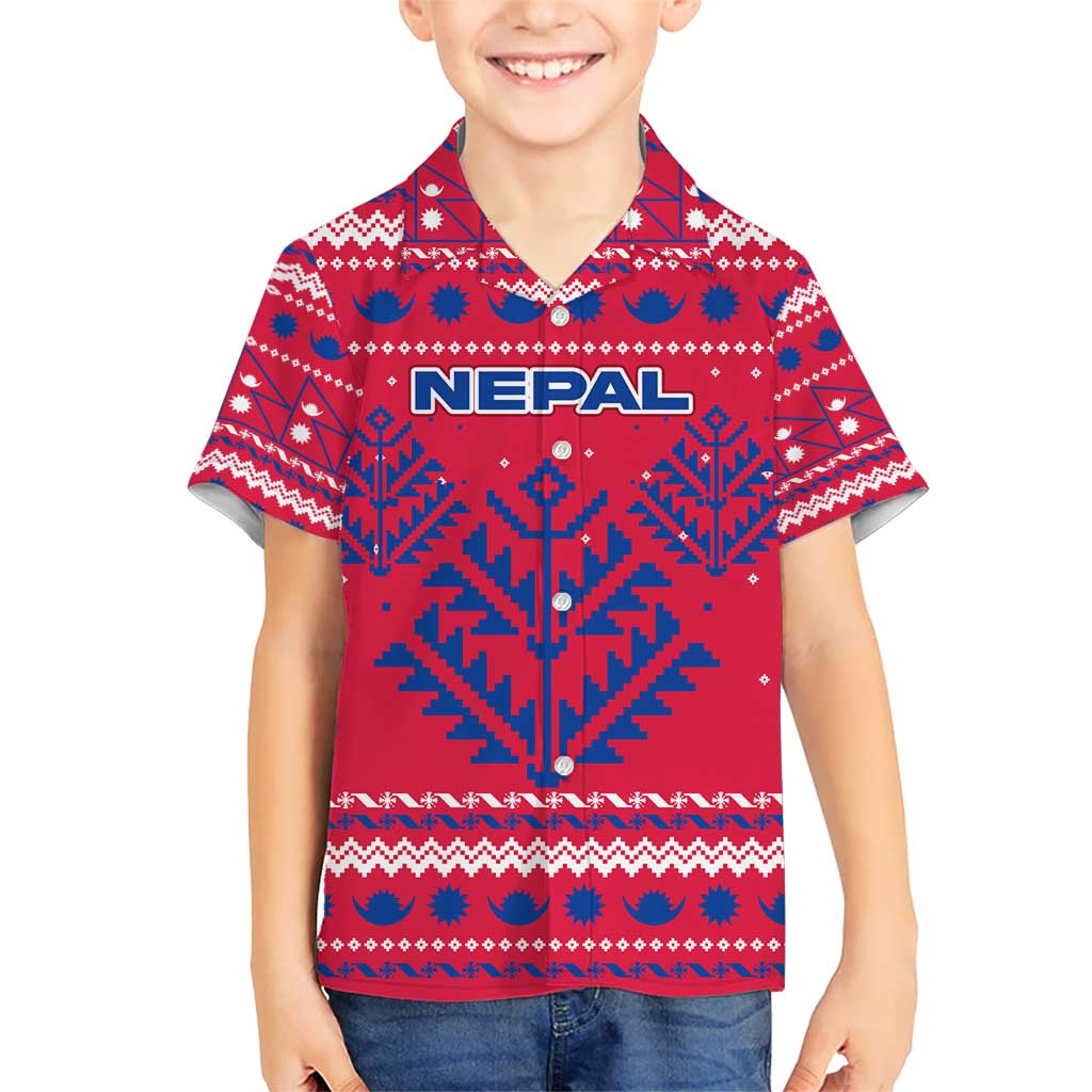 Nepal Christmas Kid Hawaiian Shirt with Red-Blue Design, National Emblem, and Snowflake Motif - Wonder Print Shop