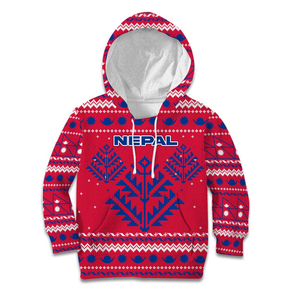 Nepal Christmas Kid Hoodie with Red-Blue Design, National Emblem, and Snowflake Motif - Wonder Print Shop