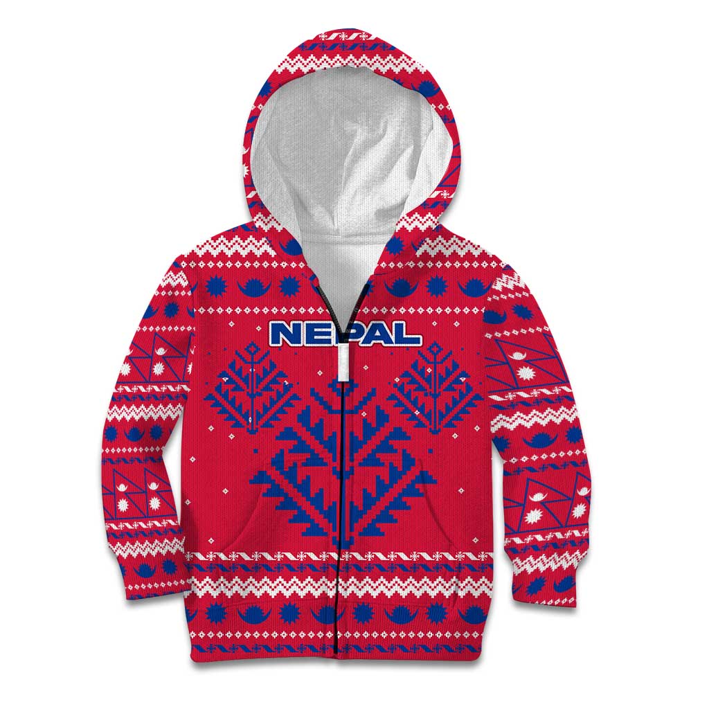 Nepal Christmas Kid Hoodie with Red-Blue Design, National Emblem, and Snowflake Motif - Wonder Print Shop