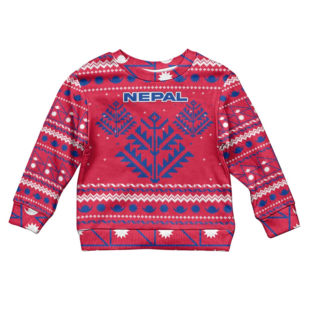 Nepal Christmas Kid Ugly Christmas Sweater with Red-Blue Design, National Emblem, and Snowflake Motif - Wonder Print Shop