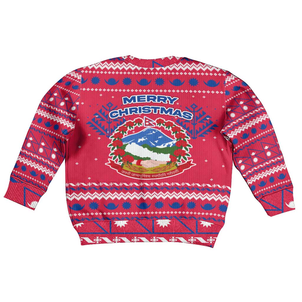 Nepal Christmas Kid Ugly Christmas Sweater with Red-Blue Design, National Emblem, and Snowflake Motif - Wonder Print Shop