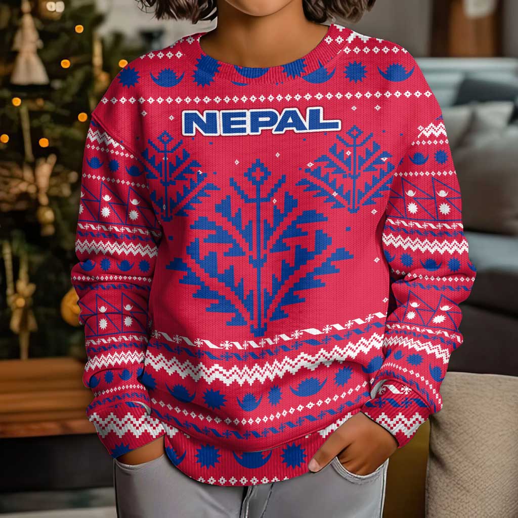 Nepal Christmas Kid Ugly Christmas Sweater with Red-Blue Design, National Emblem, and Snowflake Motif - Wonder Print Shop