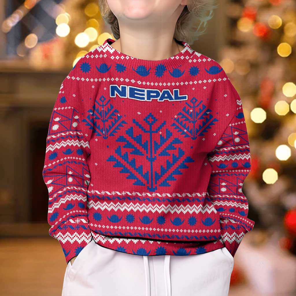 Nepal Christmas Kid Ugly Christmas Sweater with Red-Blue Design, National Emblem, and Snowflake Motif - Wonder Print Shop
