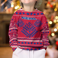 Nepal Christmas Kid Ugly Christmas Sweater with Red-Blue Design, National Emblem, and Snowflake Motif - Wonder Print Shop